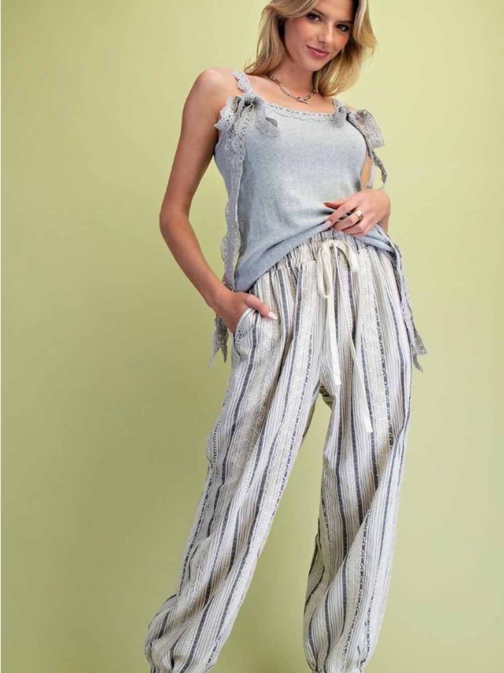 Easel Oatmeal and Black Striped Drawstring Womens Jogger Pants